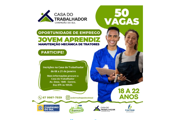 Imagem de compartilhamento para o artigo Chapadão do Sul oferece 50 vagas para jovem aprendiz em manutenção de tratores da MS Todo dia